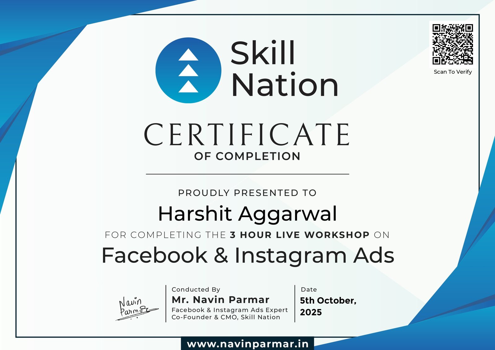 Facebook & Instagram Ads Workshop Certificate