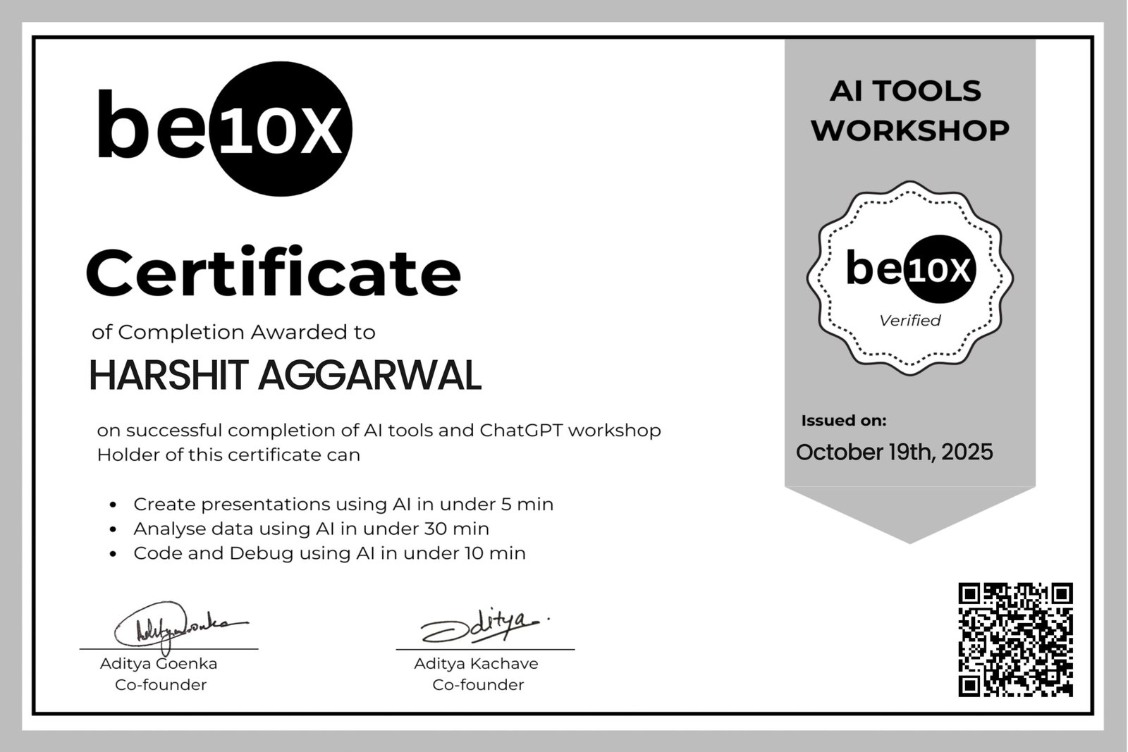 AI Tools Workshop Certificate